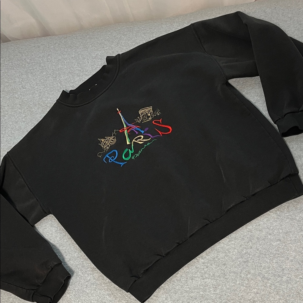 Womens Y2K Boxy Sweatshirt Top Small Black Embroidered Paris Skater Moody